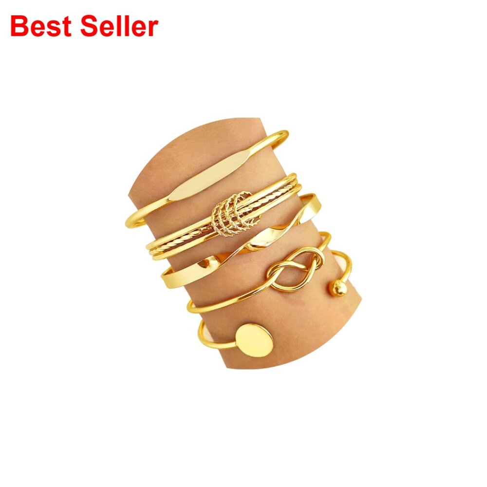 14k Gold-Plated Stackable Cuff Bracelets Set, Adj… - image 1